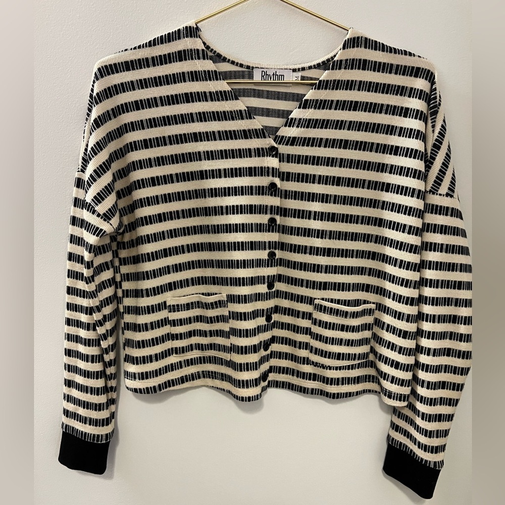 Rhythm Black and Cream V-Neck Long Sleeve Button Down Shirt